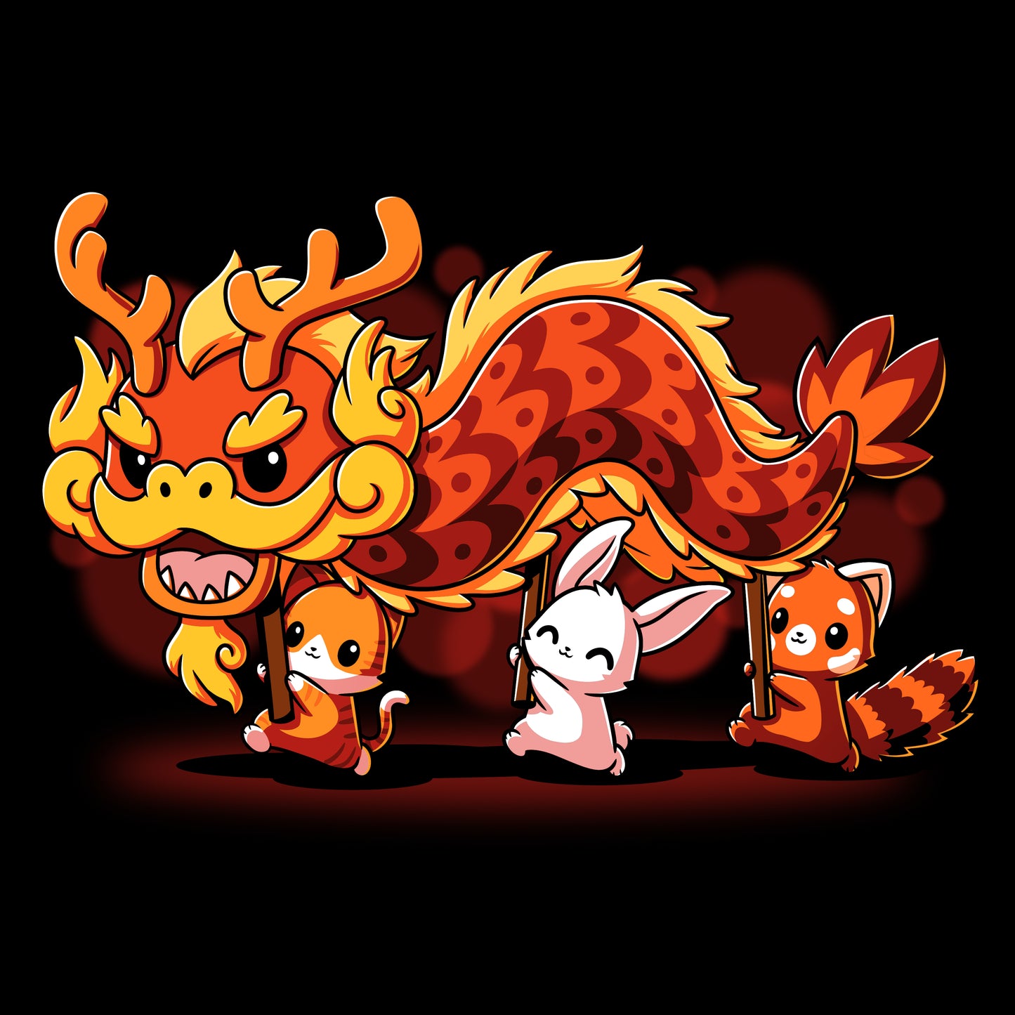 A Chinese lion and raccoon are standing next to each other, wearing matching TeeTurtle Dragon Dance lunar new year t-shirts for added comfort.