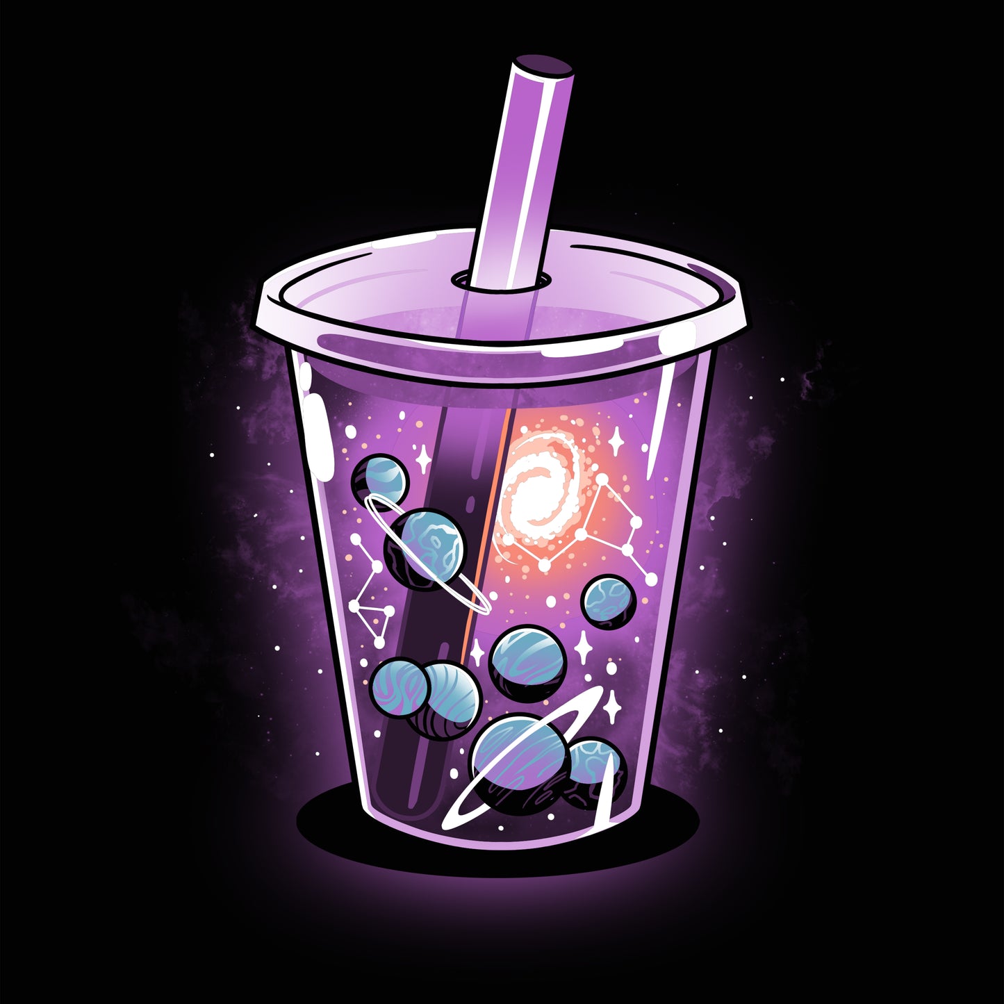 A Milk-Tea Way t-shirt featuring a purple cup with bubbles on a galaxy background by TeeTurtle.