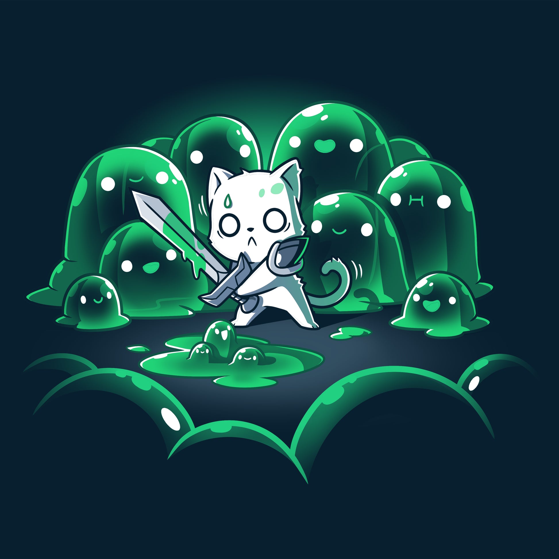 A friendly cat with The Never-Ending Fight sword among TeeTurtle green monster blobs.