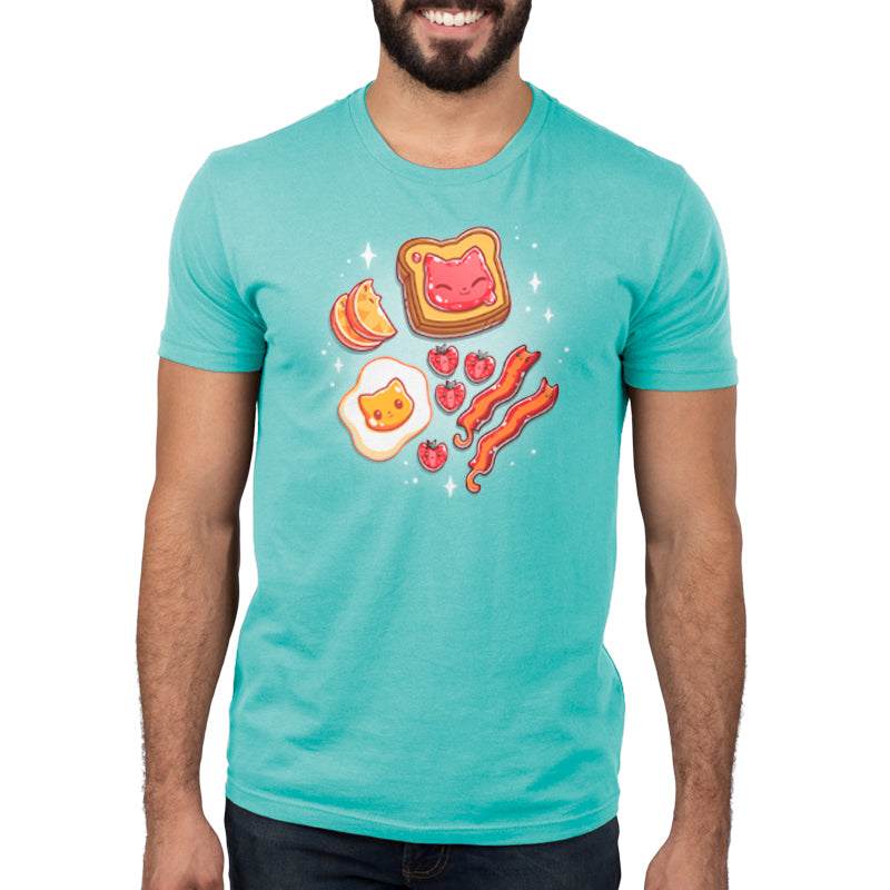 A man wearing a TeeTurtle Caribbean Blue t-shirt with The Purrfect Breakfast on it.