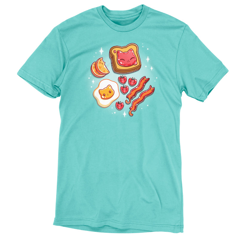 A Caribbean Blue t-shirt featuring The Purrfect Breakfast by TeeTurtle, a Cat-lover's breakfast of bacon, eggs, and toast.