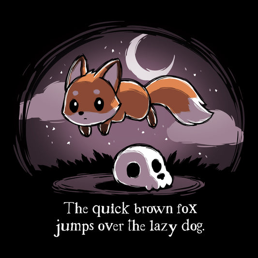 A TeeTurtle T-shirt with a cartoon of The Quick Brown Fox jumping over a lazy dog.