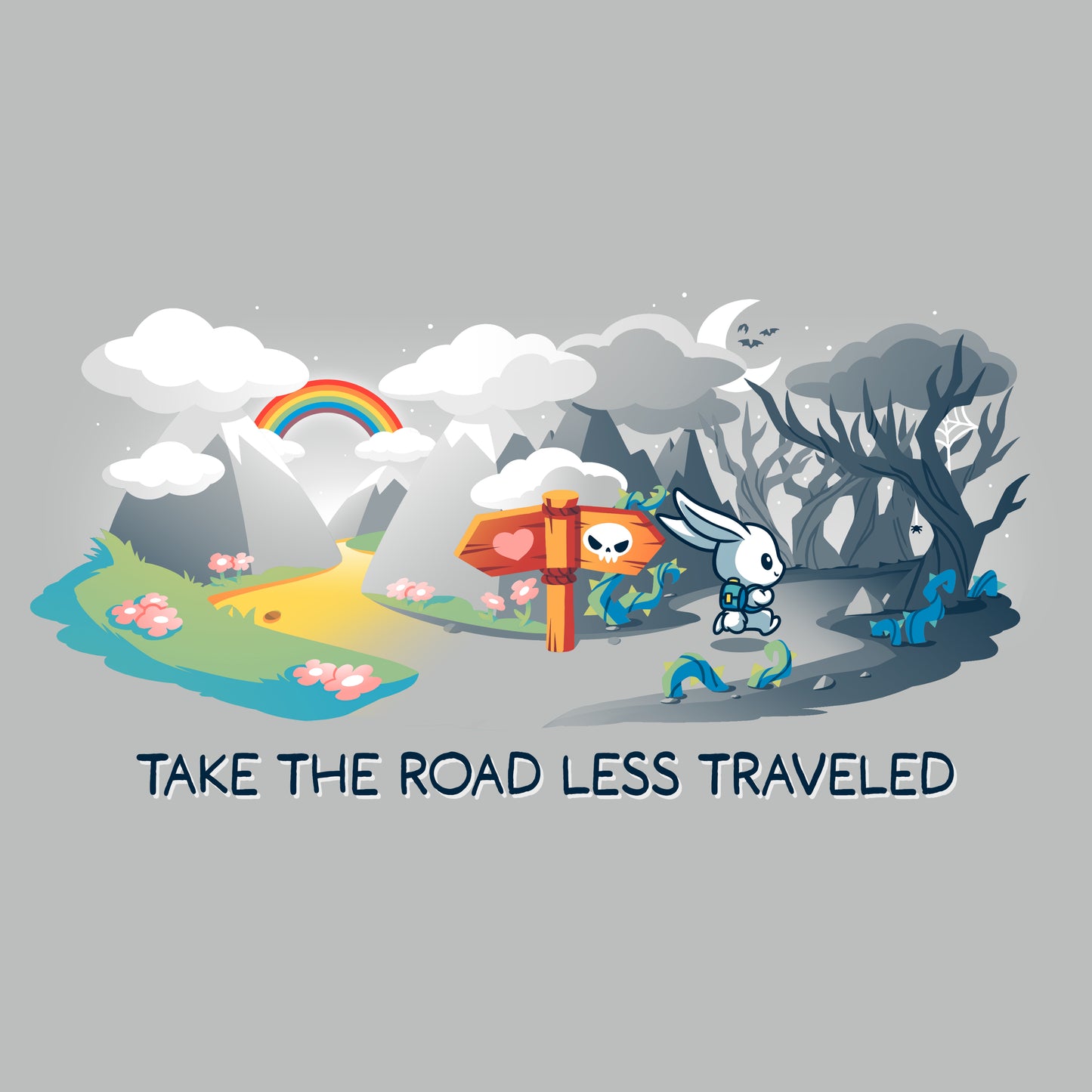 Take The Road Less Traveled wearing a silver gray TeeTurtle T-shirt.
