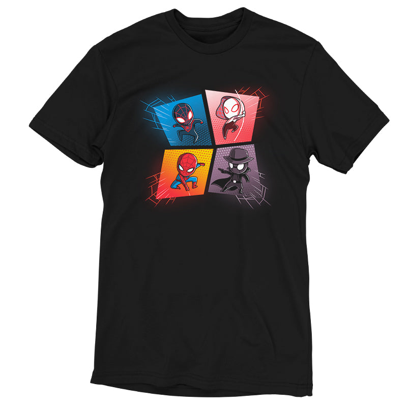 A licensed Marvel Spider-Verse t-shirt with four characters on it.
