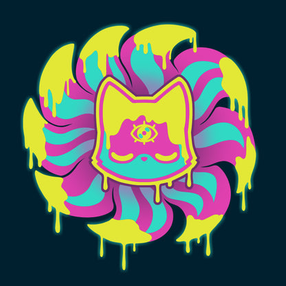 A Third Eye Kitsune with a navy blue T-shirt, surrounded by a swirl of colors.