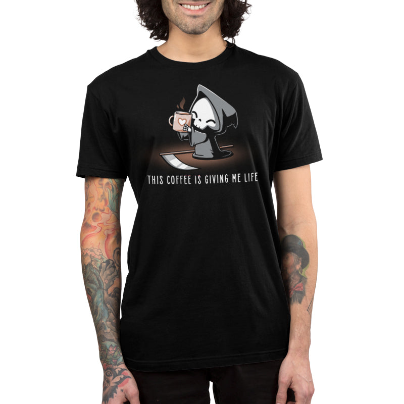 Black t-shirt featuring the "This Coffee Is Giving Me Life" design from TeeTurtle.