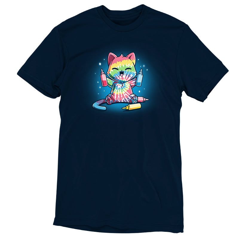 A TeeTurtle tie-dye cat on a navy blue t-shirt.