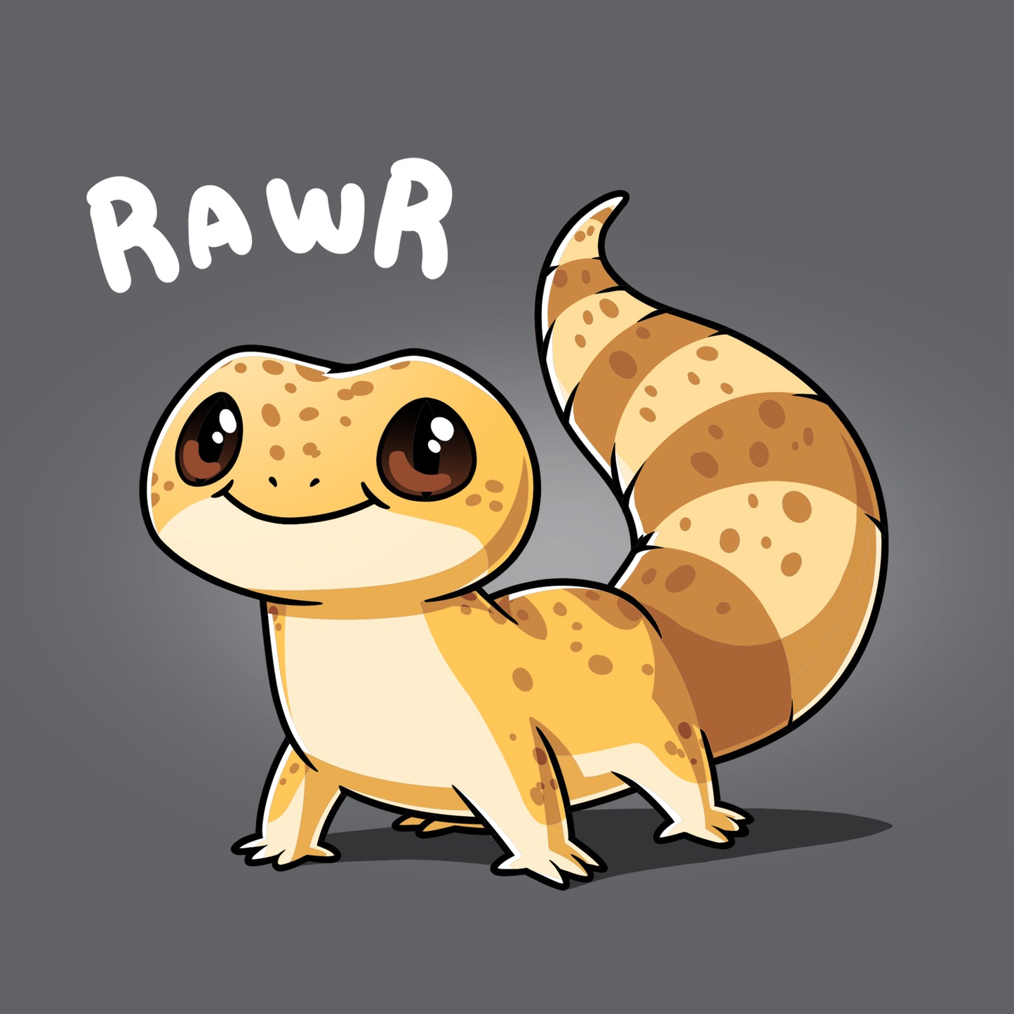 A Tiny Dino charcoal gray cartoon gecko with the word rawr.