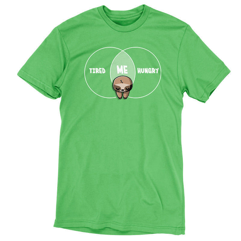 Premium Cotton T-shirt_Teeturtle Tired and Hungry Always apple green t-shirt featuring a cartoon sloth in the middle of a double circle graph with 'Tired' on one side, 'Hungry' on the other and 'Me' in the middle.