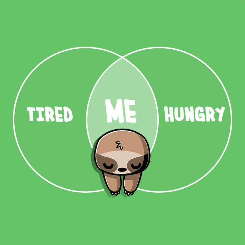 Premium Cotton T-shirt_Teeturtle Tired and Hungry Always apple green t-shirt featuring a cartoon sloth in the middle of a double circle graph with 'Tired' on one side, 'Hungry' on the other and 'Me' in the middle.