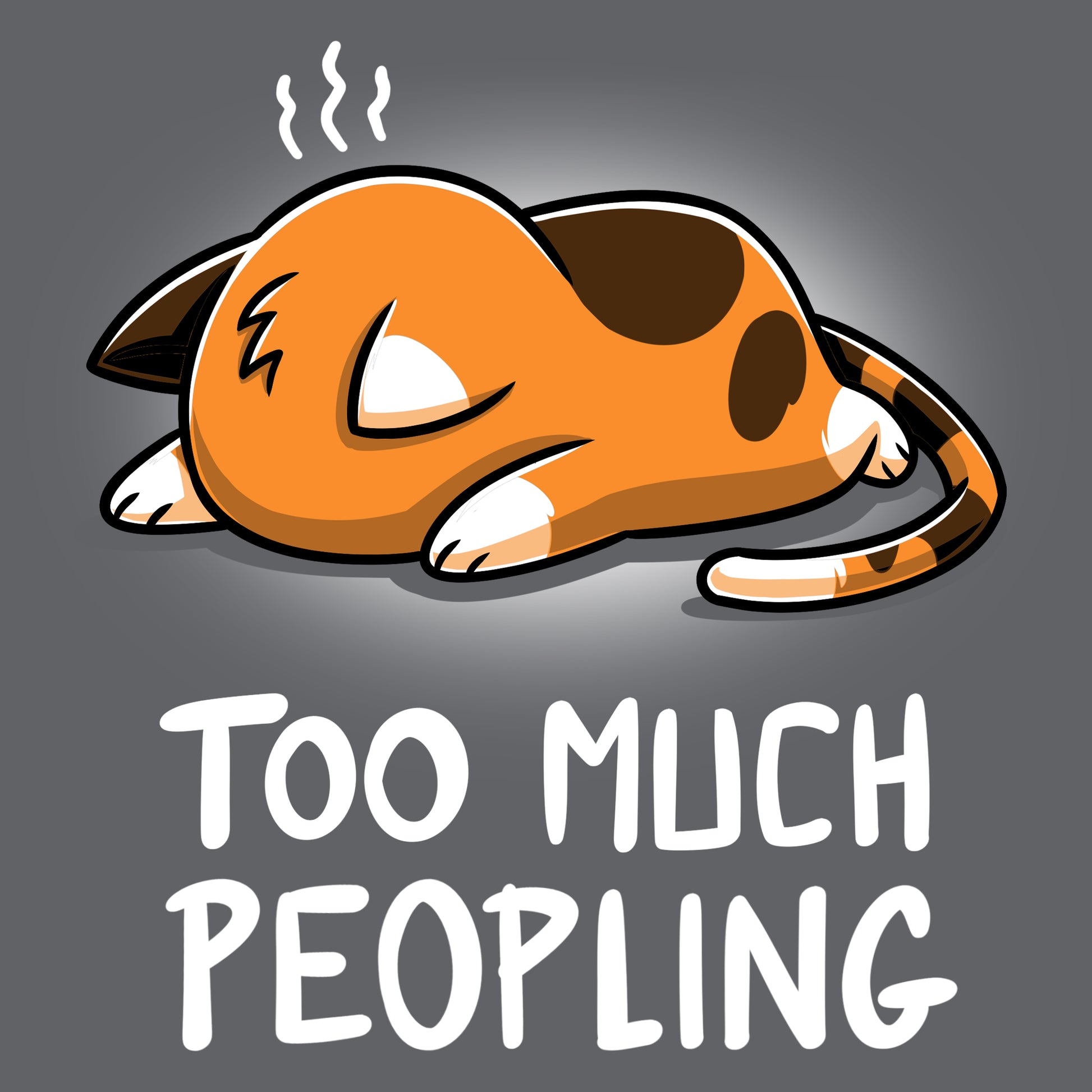 A cat recharging after wearing a TeeTurtle t-shirt called "Too Much Peopling.