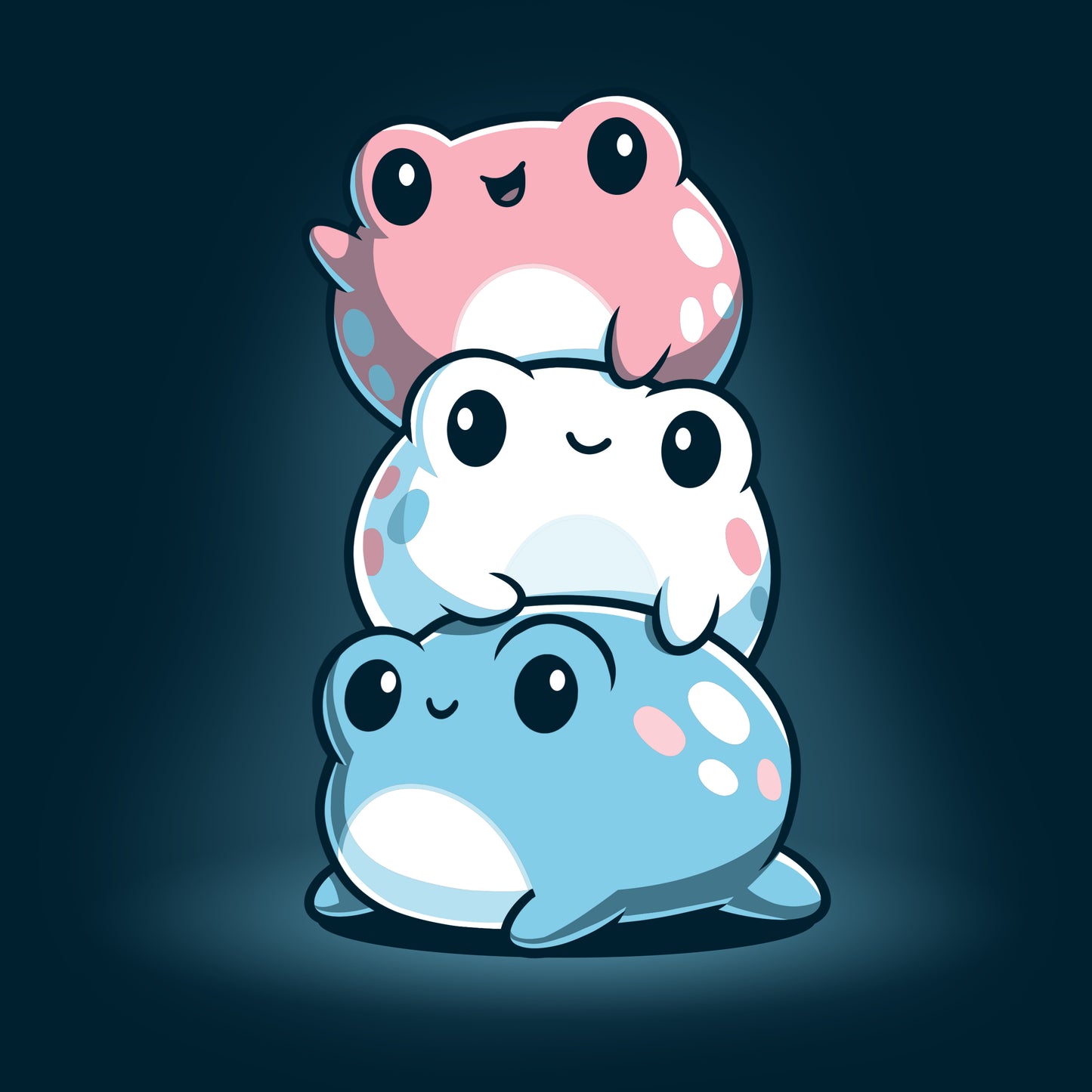 Three TeeTurtle trans pride frogs sitting on top of each other, wearing navy blue t-shirts.