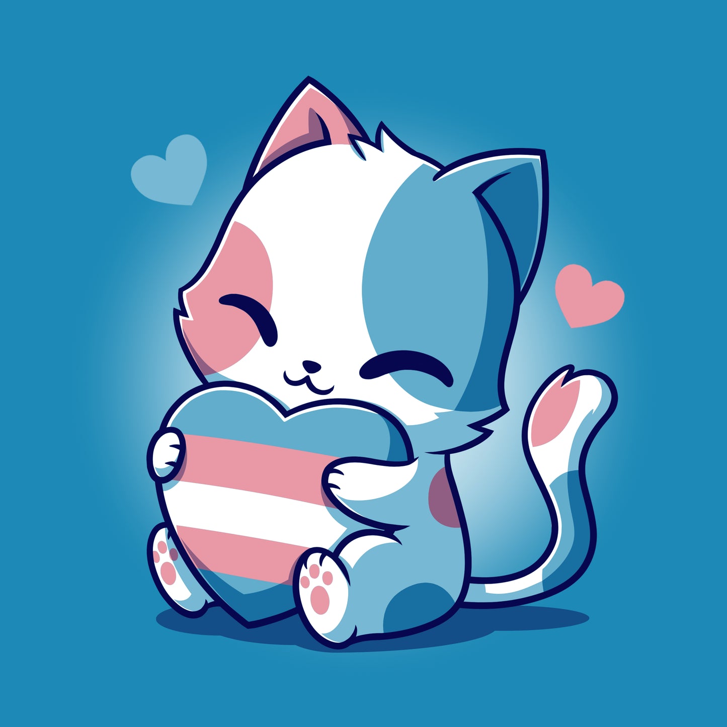 A cat wearing a TeeTurtle Trans Purride shirt holds a heart on a blue background.