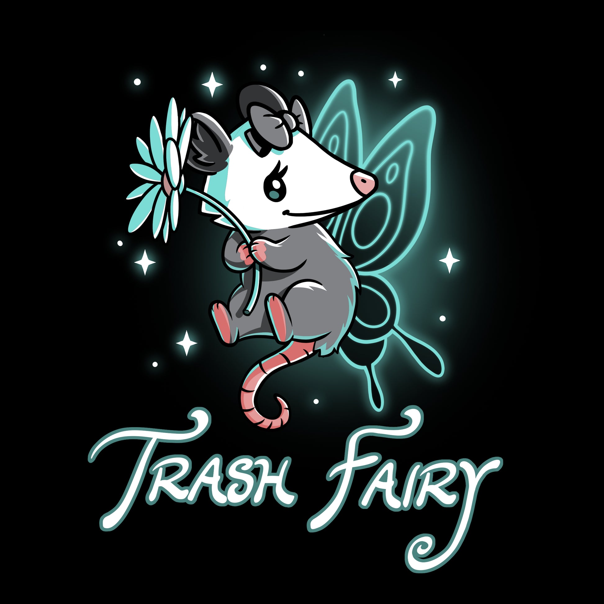The TeeTurtle Trash Fairy black t-shirt features the iconic trash fairy logo with an opossum holding a flower.