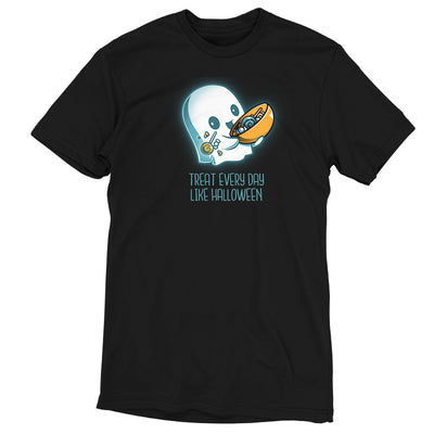Premium Cotton T-shirt_TeeTurtle black Treat Every Day Like Halloween featuring a cute ghost with a bowl full of candy and the words 'Treat Every Day Like Halloween' beneath.