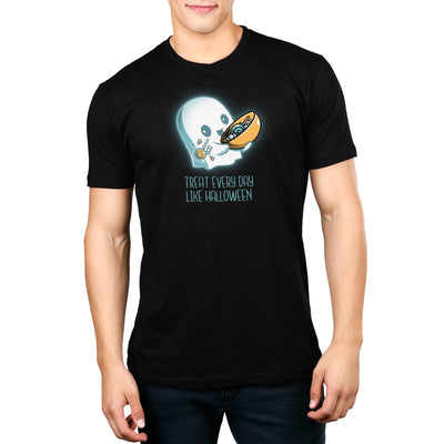 Premium Cotton T-shirt_TeeTurtle black Treat Every Day Like Halloween featuring a cute ghost with a bowl full of candy and the words 'Treat Every Day Like Halloween' beneath.