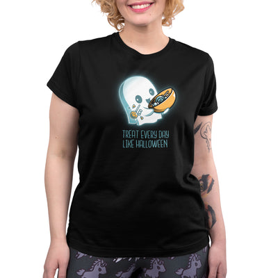 Premium Cotton T-shirt_TeeTurtle black Treat Every Day Like Halloween featuring a cute ghost with a bowl full of candy and the words 'Treat Every Day Like Halloween' beneath.