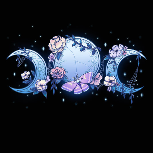 Premium Cotton T-shirt_TeeTurtle black Enchanted Moons featuring a full moon surrounded by crescent moons on each side with flowers, cobwebs, and a moth.