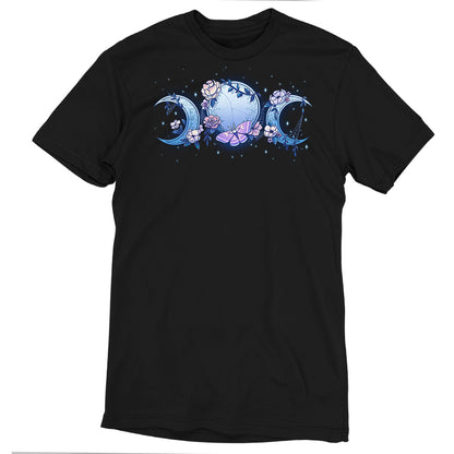 Premium Cotton T-shirt_TeeTurtle black Enchanted Moons featuring a full moon surrounded by crescent moons on each side with flowers, cobwebs, and a moth.