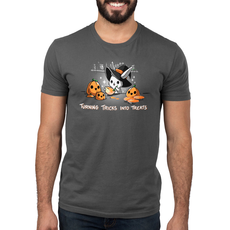A TeeTurtle Turning Tricks Into Treats men's charcoal gray t-shirt with a witch and pumpkins design.