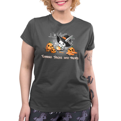 An award-winning TeeTurtle women's t-shirt featuring Turning Tricks Into Treats and pumpkins.
