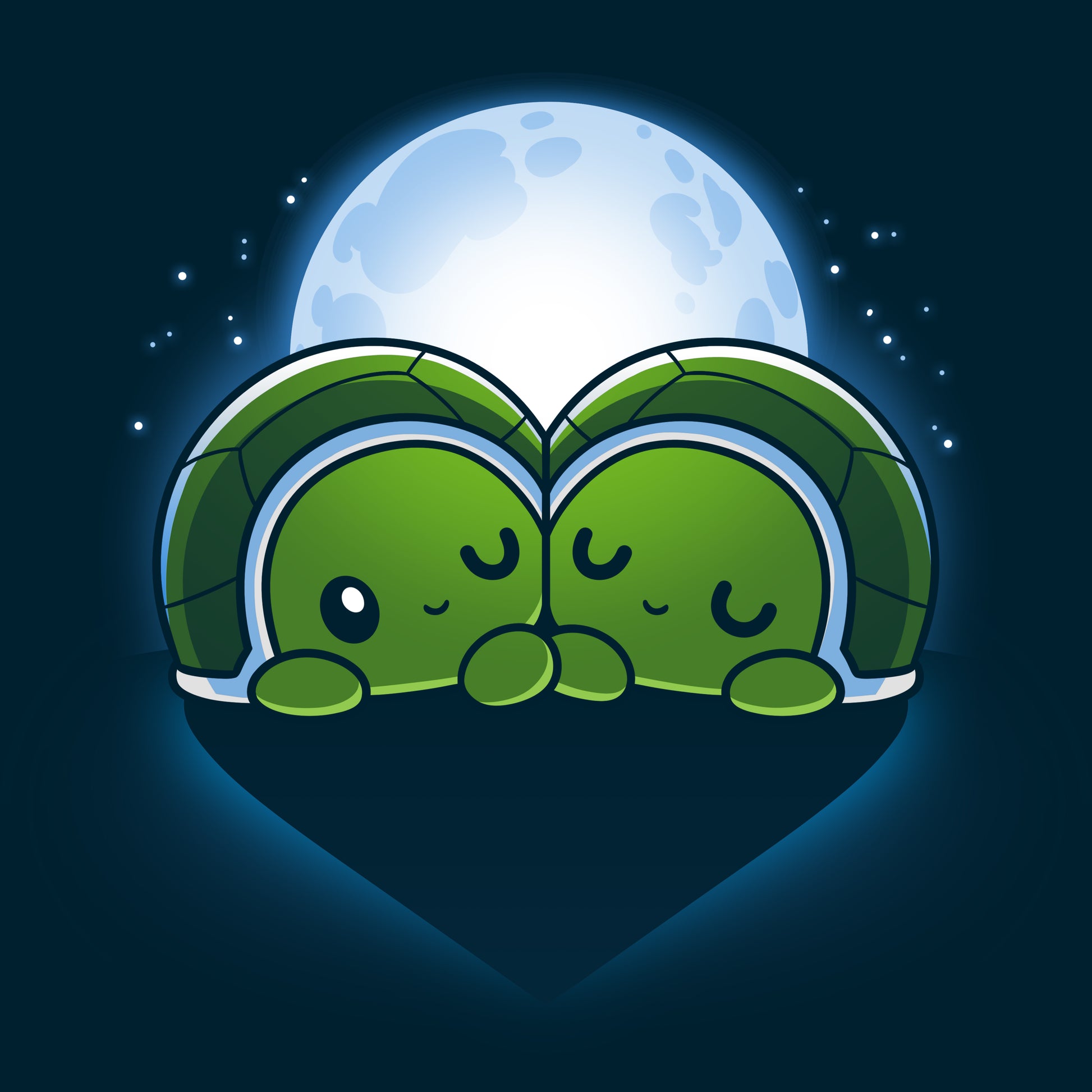 Description: Two turtles hugging in front of the moon on Turtlelly in Love tees made from ringspun cotton, brought to you by TeeTurtle for ultimate comfort.