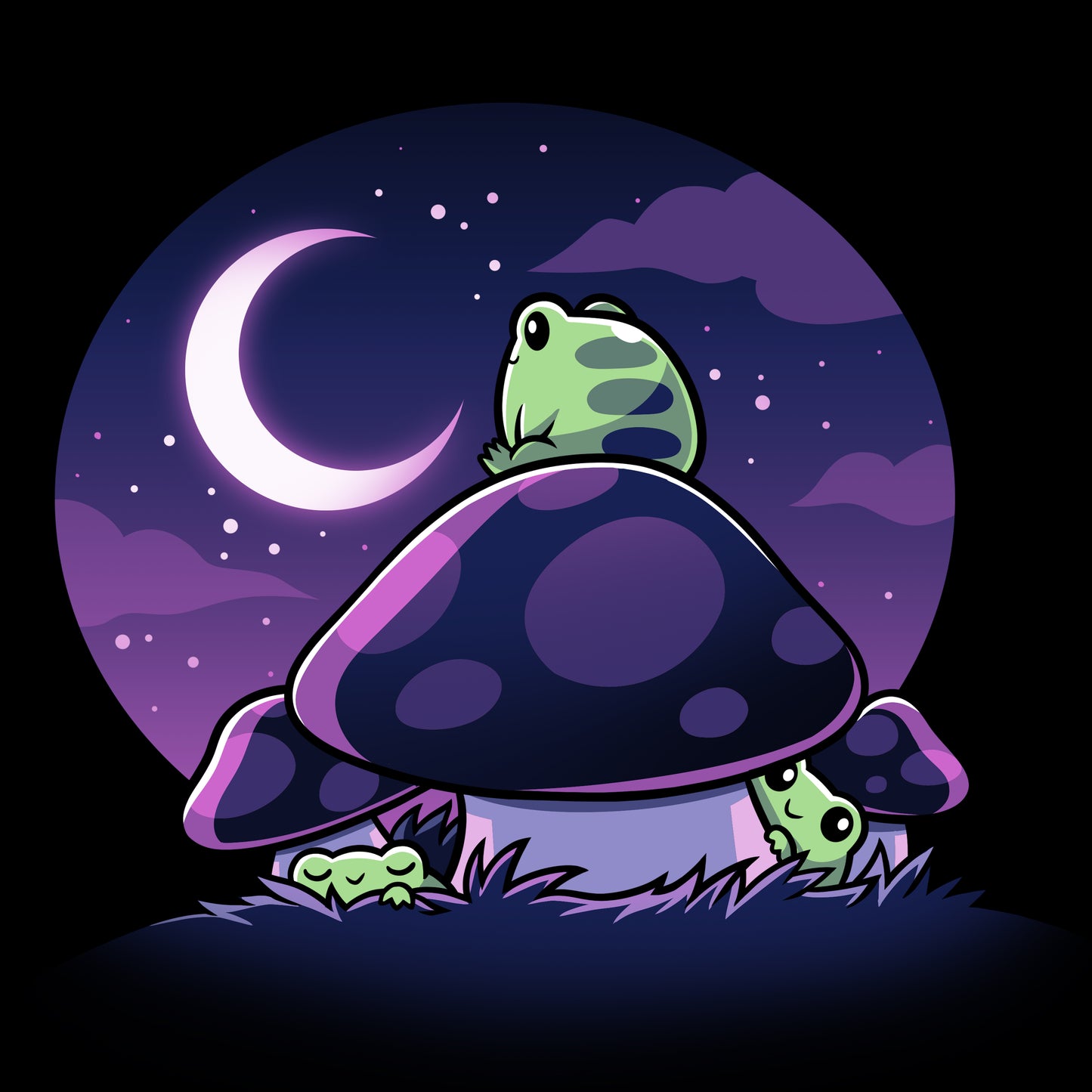 Two frogs stargazing on top of Twilight Toadstools at night, made by TeeTurtle.