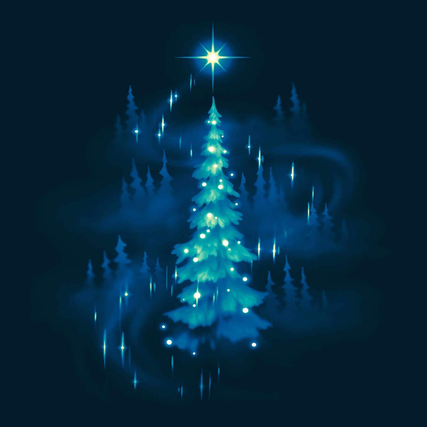 A Twinkling Christmas Tree T-shirt by TeeTurtle, with a blue christmas tree and stars in the sky, embodying holiday spirit.