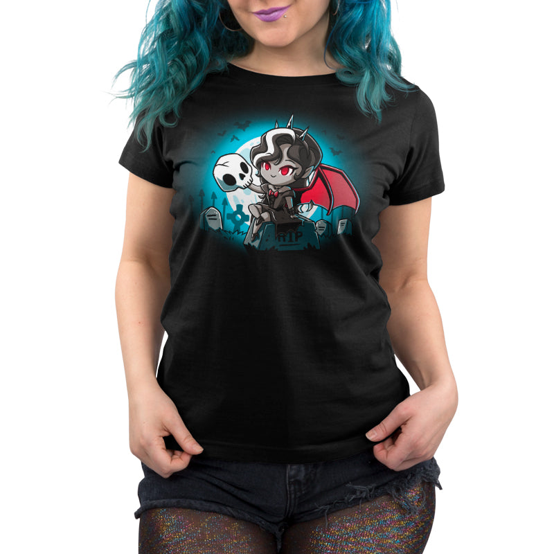 A woman wearing an original TeeTurtle Vampire Princess black t-shirt with an image of a girl with blue hair.