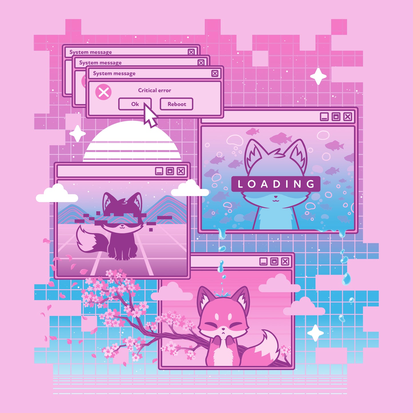 A glitchy pink screen with a TeeTurtle Vaporwave Fox and a cat on it, perfect for a T-shirt.