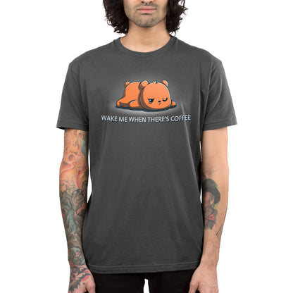 A Wake Me When There's Coffee charcoal gray bear wearing a TeeTurtle coffee themed t-shirt.