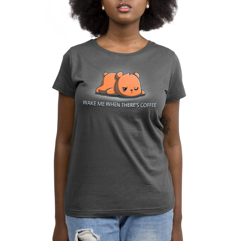 A Wake Me When There's Coffee women's t-shirt with an orange teddy bear on it from TeeTurtle.