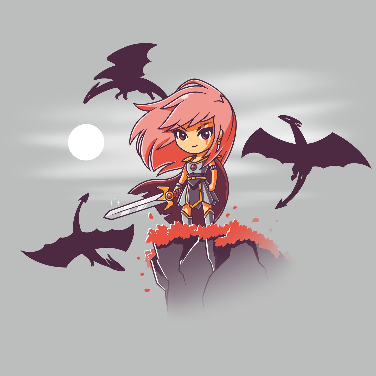 A TeeTurtle Warrior Princess with pink hair and a sword on top of a cliff, battling dragons.
