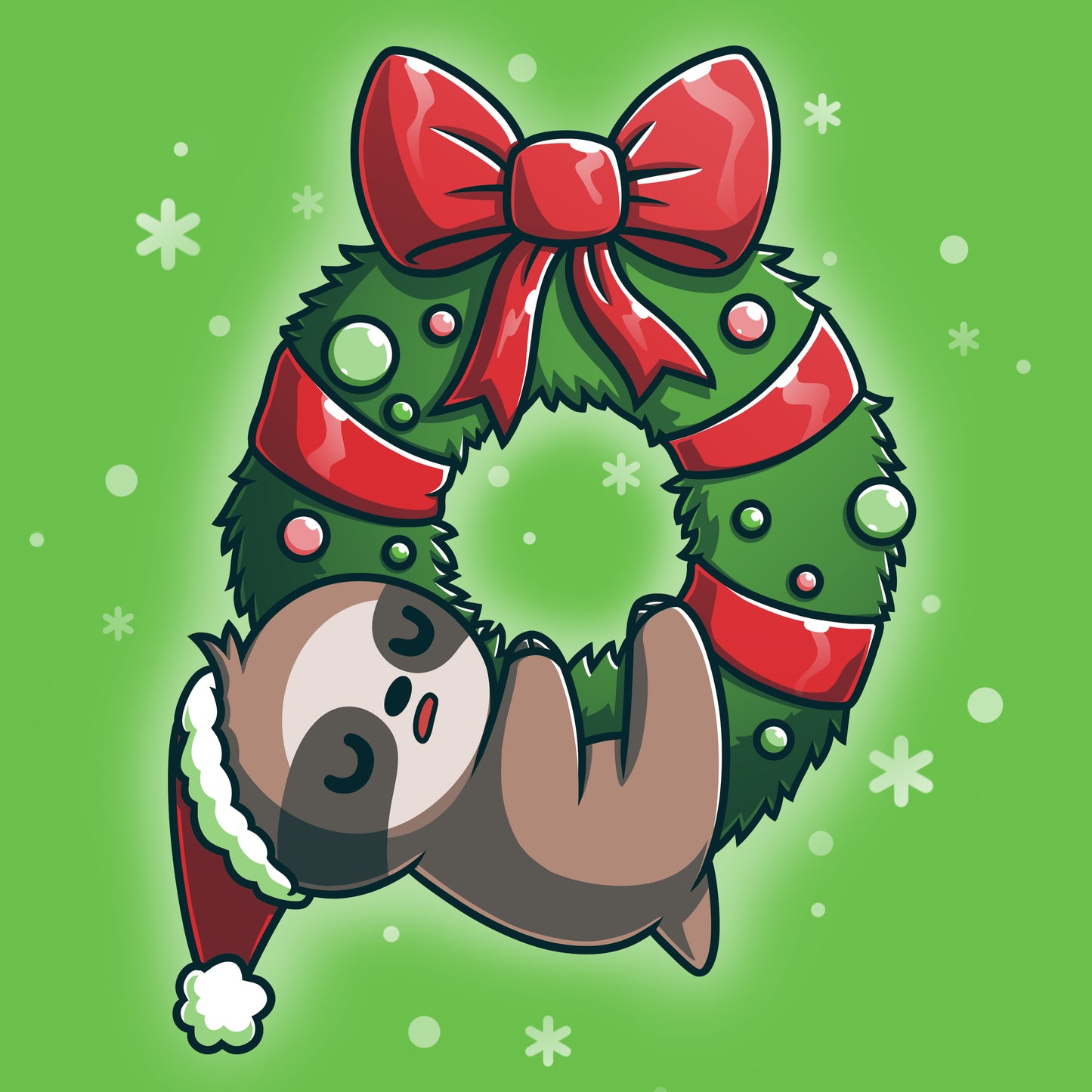 A sloth wearing a TeeTurtle santa hat on a We Wish You a Lazy Christmas themed T-shirt against a green background.