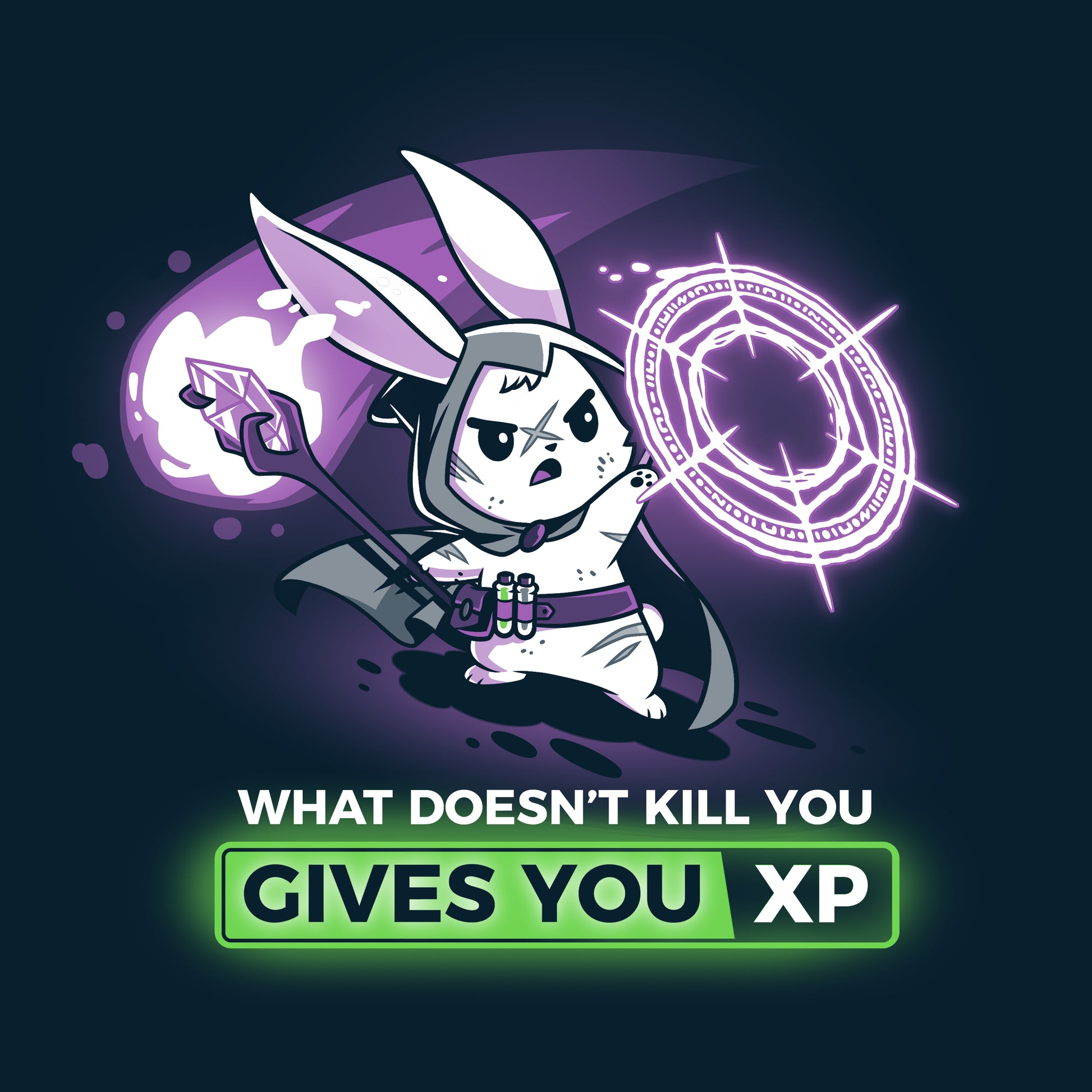 This navy blue TeeTurtle mantra with a bunny twist reminds you that What Doesn't Kill You Gives You XP (Bunny).