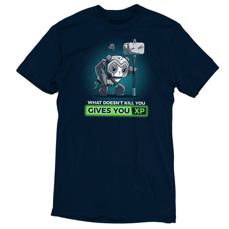 A navy blue t-shirt from TeeTurtle with an image of a robot from the "What Doesn’t Kill You Gives You XP" series that gives you a higher XP in tabletop game night.