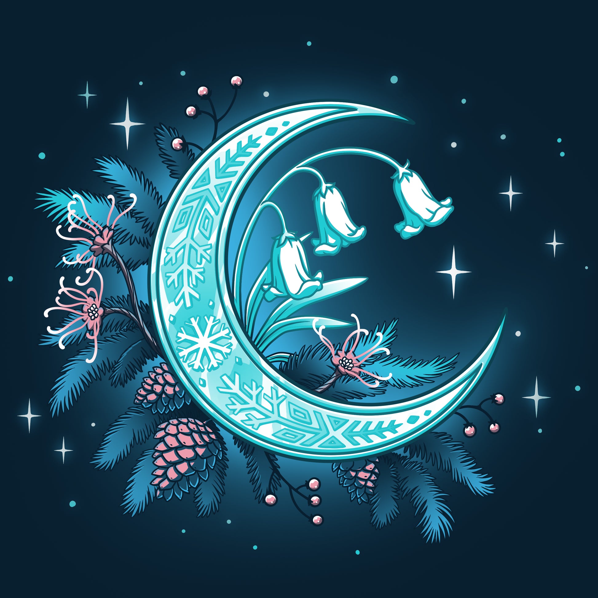 A Winter Moon navy blue t-shirt with a crescent moon, flowers, and pine cones on a dark background by TeeTurtle.