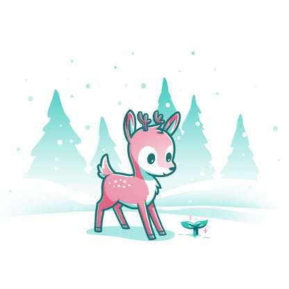A pink deer standing in the snow with trees in the background, printed on a TeeTurtle Winter Wonderland T-shirt.