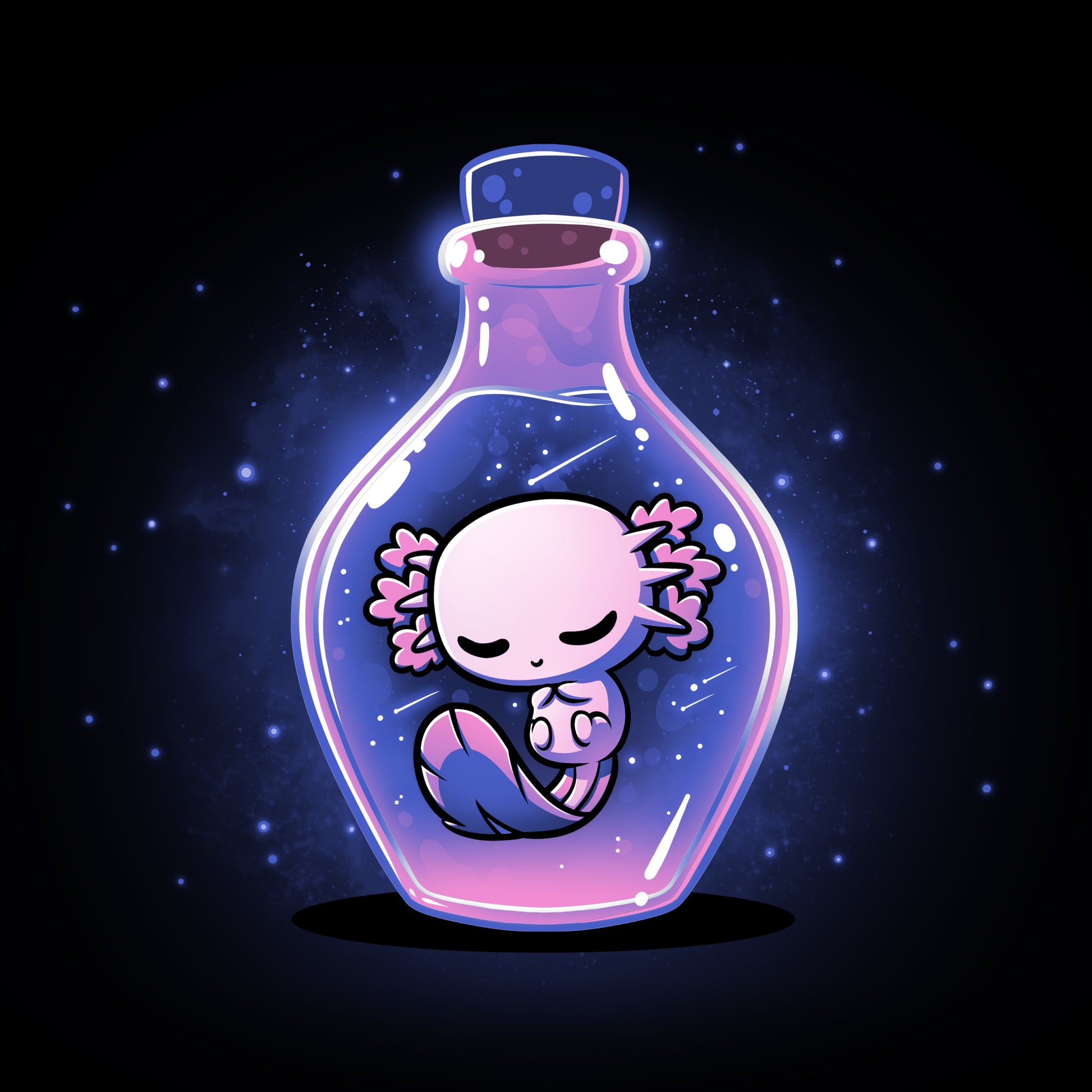 A little girl trapped in a Wish in a Bottle filled with dreams on a dark background by TeeTurtle.