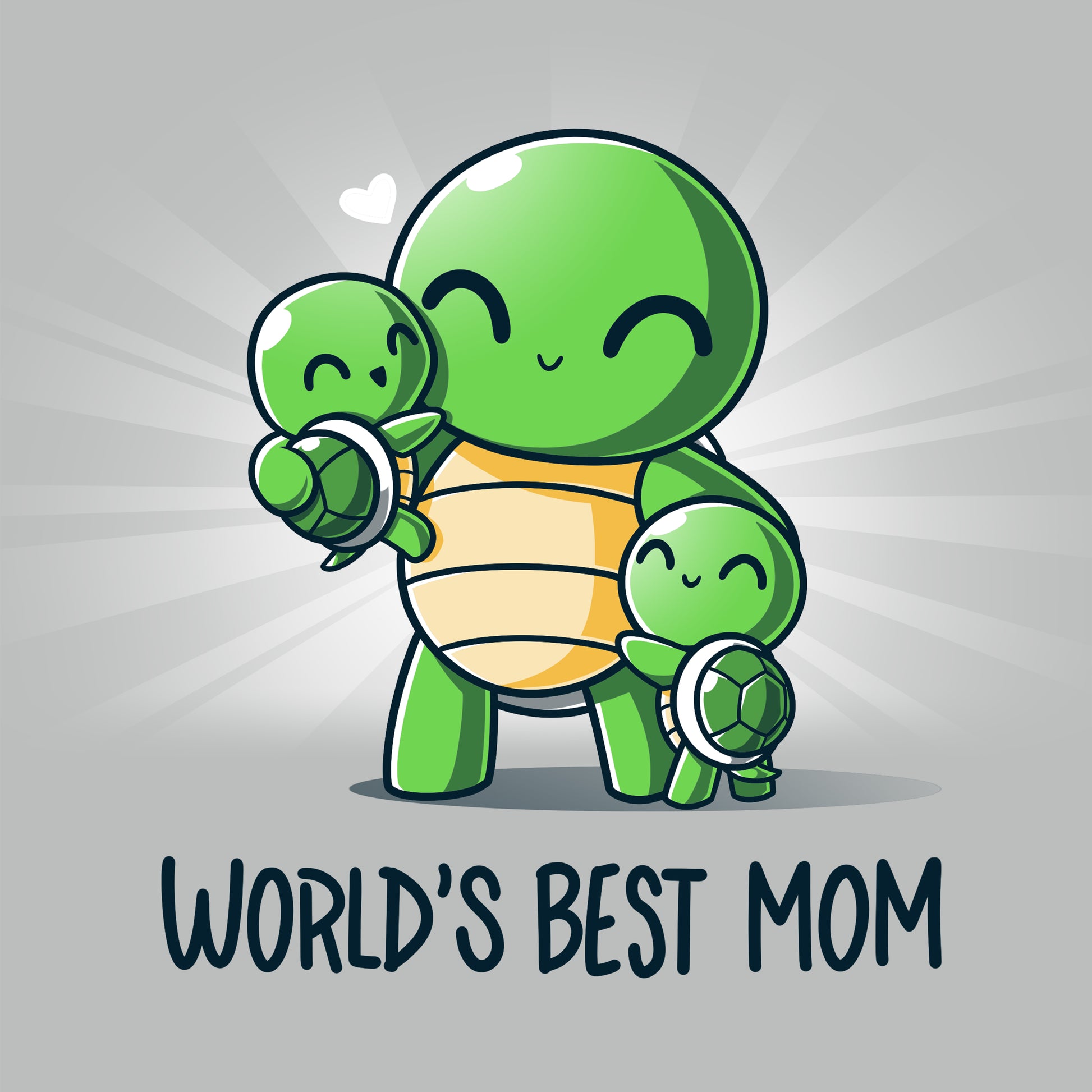 A silver World's Best Mom t-shirt showcasing a turtle holding a baby turtle, celebrating TeeTurtle.