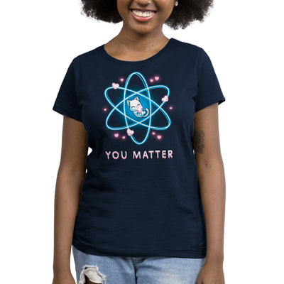 Premium Cotton T-shirt_TeeTurtle navy blue You Matter featuring a cat hugging a heart, surrounded by an atomic structure with more hearts around and the words "You Matter" underneath.
