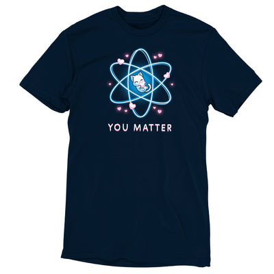 Premium Cotton T-shirt_TeeTurtle navy blue You Matter featuring a cat hugging a heart, surrounded by an atomic structure with more hearts around and the words "You Matter" underneath.