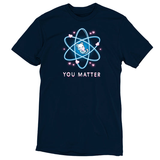 A navy blue T-shirt featuring an atom design with a cat inside, surrounded by small pink hearts, and the text 