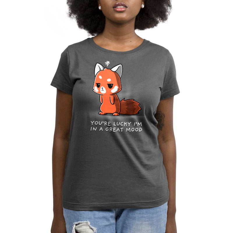 Premium Cotton T-shirt - Person wearing a super soft ringspun cotton apparel in charcoal gray with a cartoon red panda and the text "You're Lucky I'm in a Great Mood" by monsterdigital.