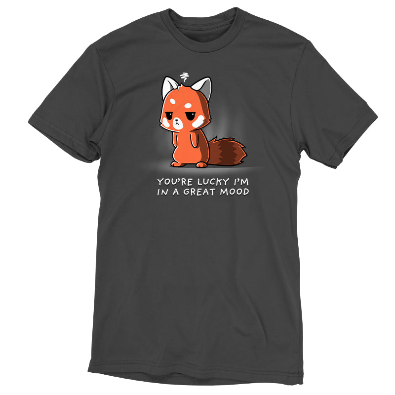 Premium Cotton T-shirt - A charcoal gray apparel featuring a cartoon red panda with a slightly unimpressed expression and the text "YOU'RE LUCKY I'M IN A GREAT MOOD" below the character, crafted from super soft ringspun cotton for ultimate comfort, is known as "You're Lucky I'm in a Great Mood" by monsterdigital.