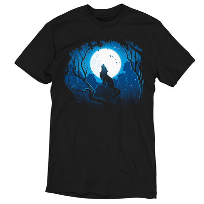 A Moonlight Wolf t-shirt by TeeTurtle, with an image of a wolf in the forest, offering comfort and fit.