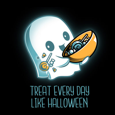 Premium Cotton T-shirt_TeeTurtle black Treat Every Day Like Halloween featuring a cute ghost with a bowl full of candy and the words 'Treat Every Day Like Halloween' beneath.