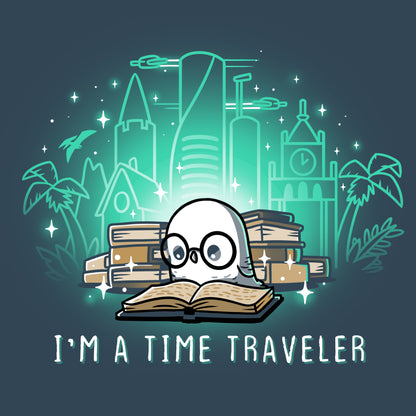 Premium Cotton T-shirt_Teeturtle I'm a Time Traveler Denim Blue Featuring a cute, glasses-wearing owl reading a book with a stack of books behind them with images of all the different time periods rising from those books and 'I'm a Time Traveler' written below.