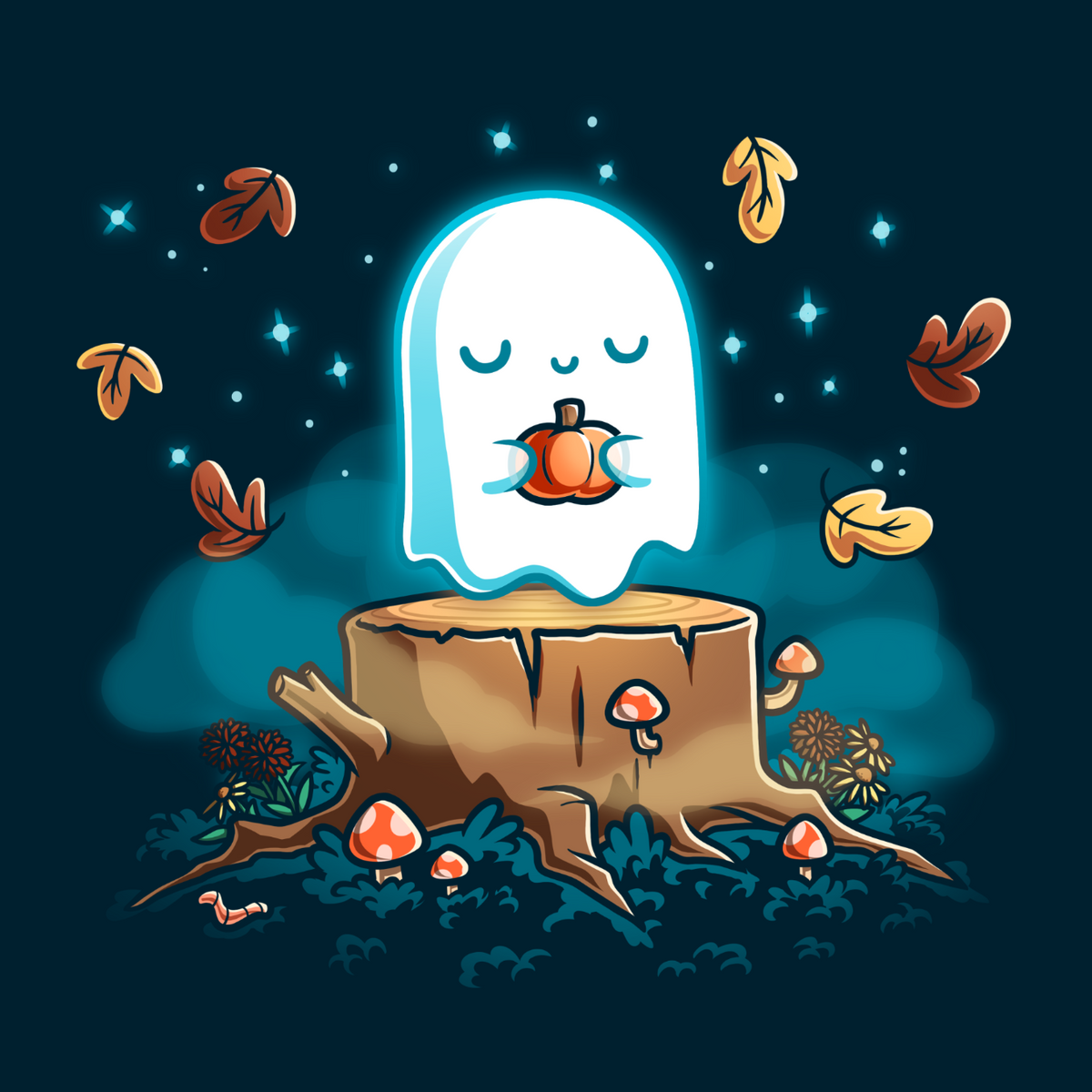 Women's Premium T-shirt_TeeTurtle navy Autumn Apparition Women's Premium T-shirt featuring a peaceful glowing ghost holding a small pumpkin above a forest stump surrounded by autumn leaves, mushrooms, and sparkling stars.