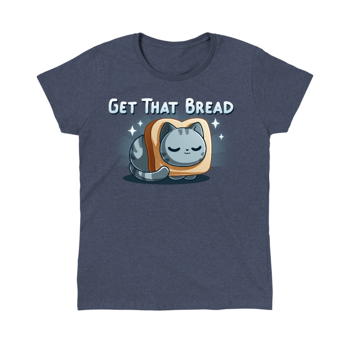 Women's Premium T-Shirt_TeeTurtle dark teal Get That Bread Women's Premium T-Shirt featuring a cozy gray tabby cat curled up inside a slice of toast with sparkles around it and the text "Get That Bread."